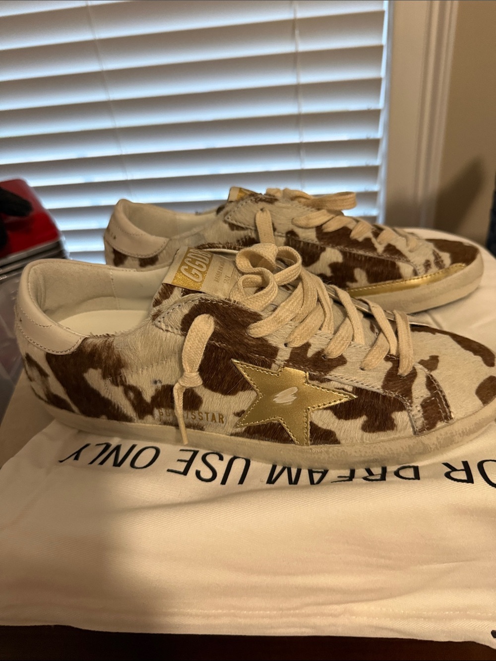 Golden Star Cow-Print Sneakers in Brown and White
